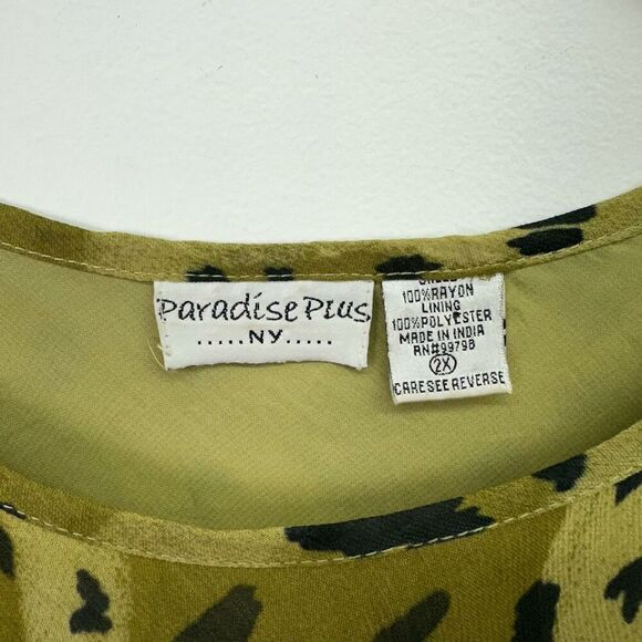 Paradise Plus NY Women’s Vintage Olive Green Cheetah Print Semi Sheer Short Slee - Picture 3 of 10